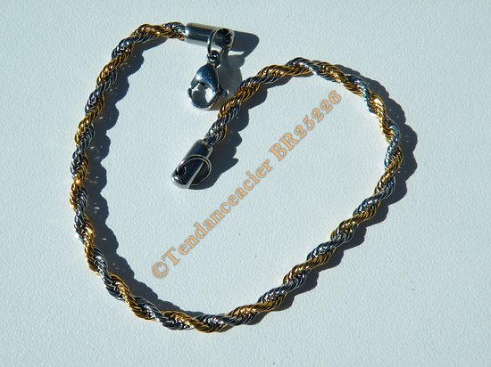 Bracelet Fashion 21 cm Duo Or Argenté Pur Acier Inoxydable Triple Maille Wire Torsadé 3 mm