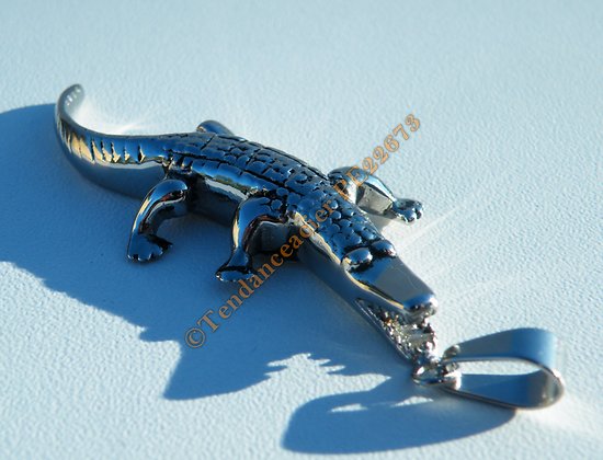 Pendentif Argenté Pur acier Inoxydable Crocodile Caiman Aligator 3D + Chaine TOP