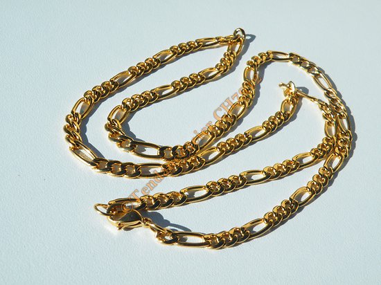 Chaine Collier 61 cm Pur Acier Inoxydable Plaqué Or Maille Figaro 1+3 5 mm