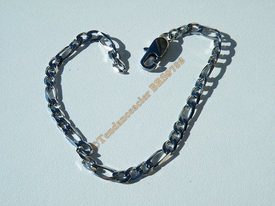 Bracelet Argenté 21 cm Pur Acier Inoxydable Maille Figaro 1+3 Largeur 4,5 mm