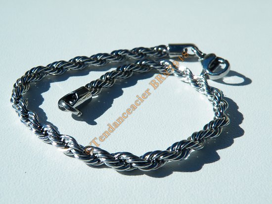 Bracelet Fashion 21 cm Argenté Pur Acier Inoxydable Triple Maille Wire Torsadé 4 mm