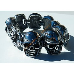 Bracelet Rare Argenté Skull Pur Acier Inoxydable 8 Tetes de Mort Fracassé Gothique 27 mm