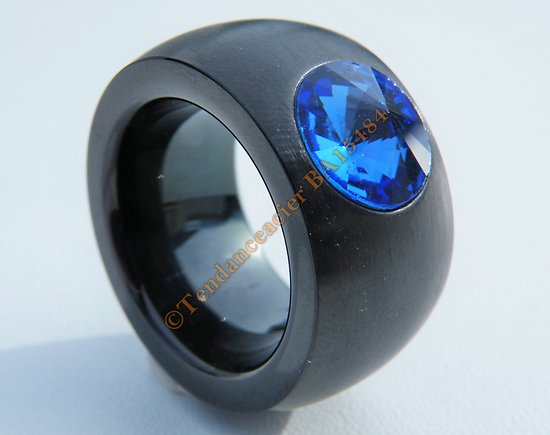 Bague Chevaliére 14 mm Noire Pur Acier Inoxydable Strass Diamant Bleu 11 mm Rare