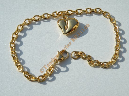 Bracelet 20 cm Maille Forçat 4 mm Pur Acier Chirurgical Inoxydable Doré Plaqué Or Pendant Coeur 3D