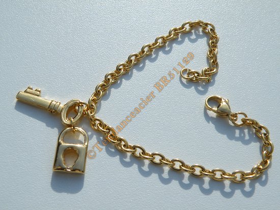 Bracelet 20 cm Maille Forçat 4 mm Pur Acier Chirurgical Inoxydable Doré Plaqué Or Pendant Clé Cadenas 3D