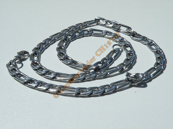 Chaine Collier 56 cm Style Maille Figaro 1+3 Argenté Pur Acier Inoxydable Chirurgical 7 mm