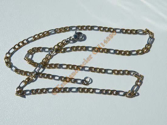 Chaine Collier 44 cm Maille Figaro 1+3 Duo Argenté et Or Pur Acier Inoxydable Chirurgical 3 mm