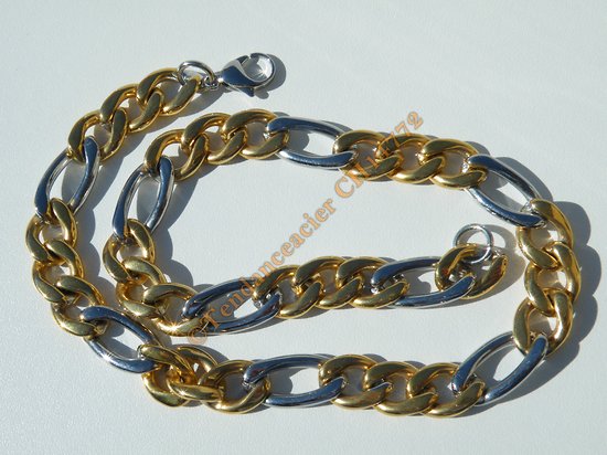 Chaine Collier 44 cm Maille Figaro 1+3 Duo Argent Doré Plaqué Or Pur Acier Inoxydable  Chirurgical 11 mm