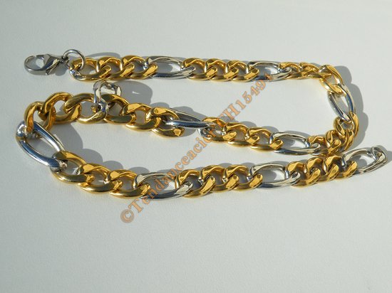 Chaine Collier 49 cm Maille Figaro 1+3 Duo Argenté et Or Pur Acier Inoxydable  Chirurgical 11 mm