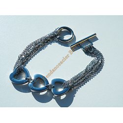 Bracelet Elegance Pur Acier Inoxydable 3 Coeurs Multi Chaine Argenté Fermoir Toggle 19 cm