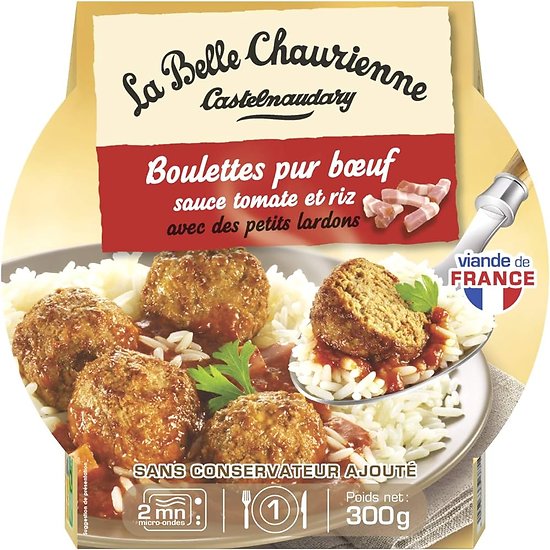 LA BELLE CHAURIENNE -  Boulettes Pur Boeuf Sauce Tomate et Riz avec des petits lardons