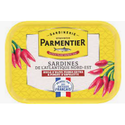 PARMENTIER - Sardines de l'Atlantique Nord-Est - Huile d'Olive Vierge Extra & Piment d'Espelette