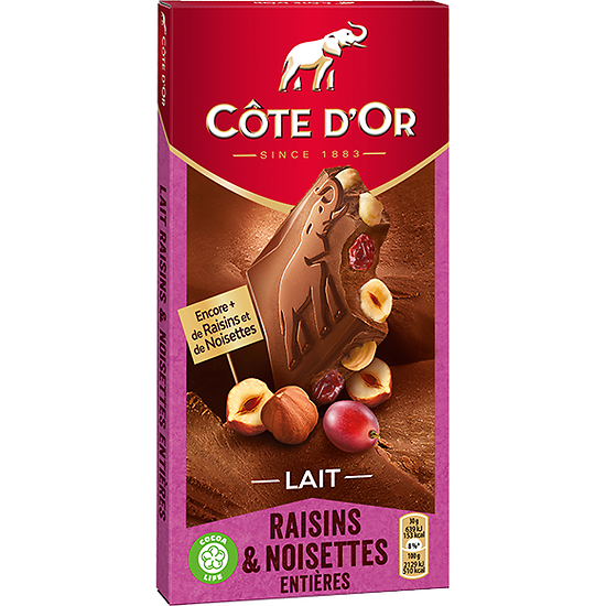 CÔTE D'OR - Lait - Raisins & Noisettes Entières - Disponible à partir du 25/08