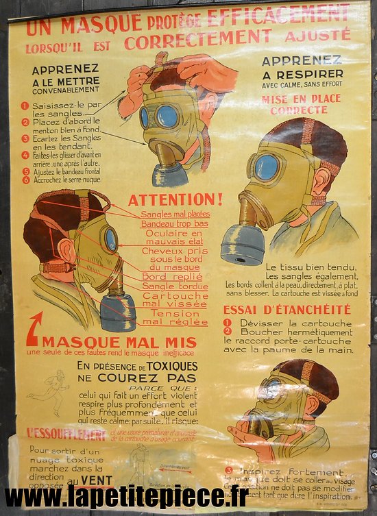 Affiche défense passive 1939 - Un masque protège efficacement lorsqu'il est correctement ajusté. Masque à gaz