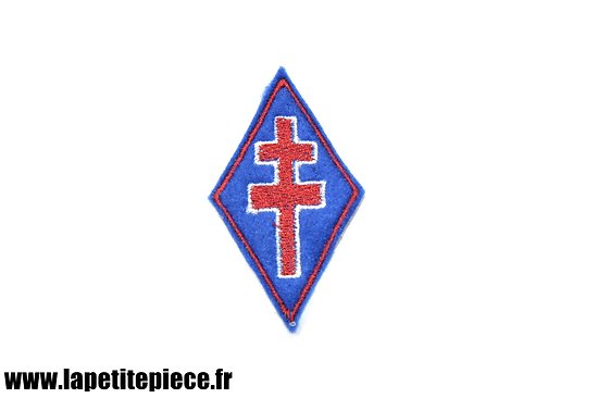 Repro écusson / patch de bras brodé FRANCE LIBRE, troupes d'Afrique. Croix de Lorraine rouge sur fond bleu