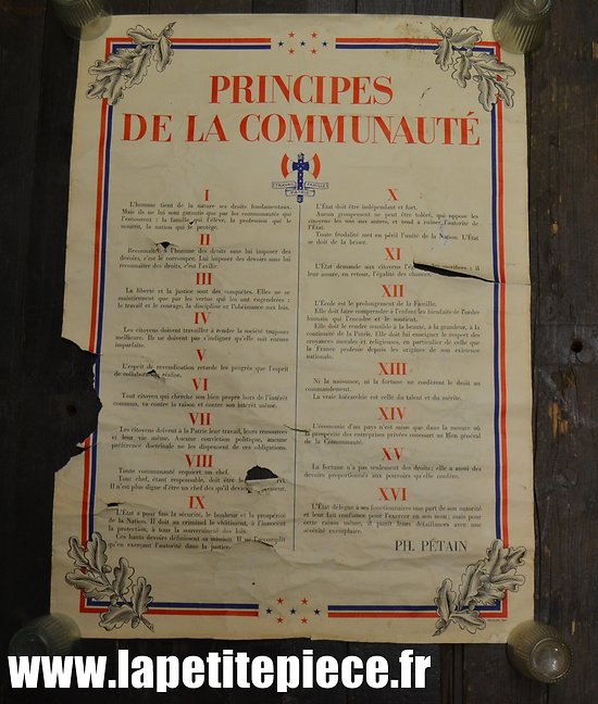 Affiche Régime de Vichy - Principes de la communauté 1940 Pétain 