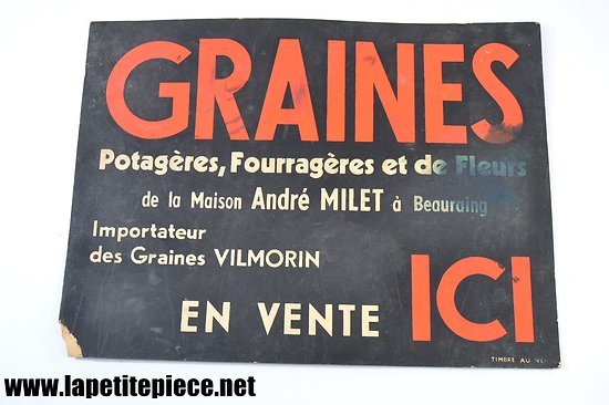Carton publicitaire Graines de la maison André Millet à Beauraing, importateur Vilmorin. Belgique