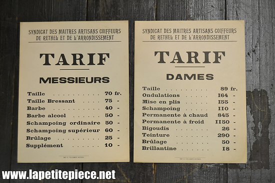 Planches de tarif coiffeur, salon de André Jean, place de la République à Rethel (Ardennes) 1948