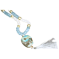 Sautoir - Collier mala en aigue-marine, agates ivoire et perles en pierres dorées, pendentif en turquoise et pompon de soie grise