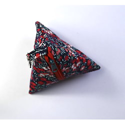 Porte-monnaie pyramide doublé en coton fleurs rouges avec mousqueton - petit porte-monnaie à accrocher et à offrir