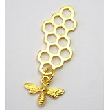 Grande breloque / pendentif rayons de miel et son abeille en métal doré 46x16mm