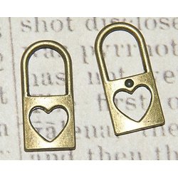2 breloques cadenas et coeur en métal couleur bronze 25x12mm