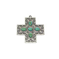 Grande breloque / grand pendentif croix catholique en métal argenté et cabochons ovales turquoise 47x43mm