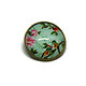 Mini broche / badge en métal bronze et dôme de verre - motifs printaniers "oiseaux de mon jardin" - tons de verts et multicolores