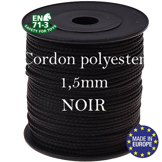 Fil / Cordon / Cordelette polyester pour attache-tétine 1,5mm - NOIR