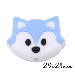 Perle tête de renard bicolore bleu/blanc en silicone alimentaire sans BPA 29x28mm