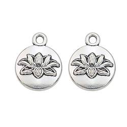 2 breloques rondes à la fleur de lotus en métal argenté 13x16mm