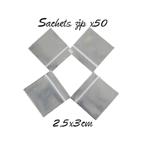 Sachets plastique à bandes blanches à fermeture zip 2,5x3cm