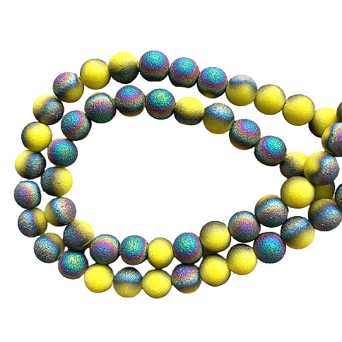 10 perles rondes en verre "givré" dépoli jaune/pétrole