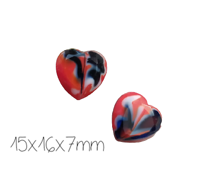 5 perles coeur en verre de Murano bleu/blanc/rouge 15x16x7mm