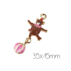 Breloque mobile ours acrobate émaillé brun et rose en métal doré 35x15mm