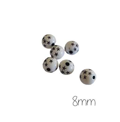 10 perles rondes blanches et étoiles noires en acrylique 8mm