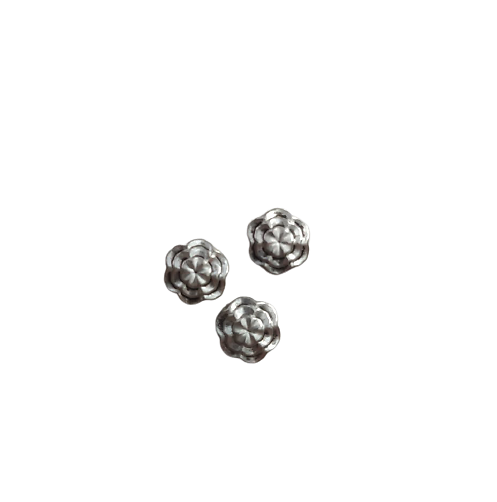 2 perles fleur plates rondes texturées en métal argenté 10mm