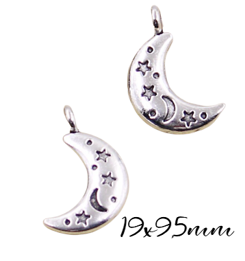 3 breloques / pendentifs lune avec gravures étoiles en métal argenté massif 19x9,5mm
