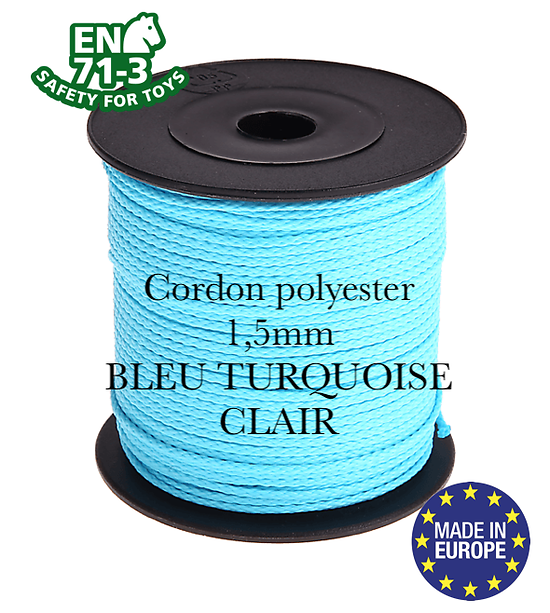 Fil / Cordon / Cordelette polyester pour attache-tétine 1,5mm - BLEU TURQUOISE CLAIR
