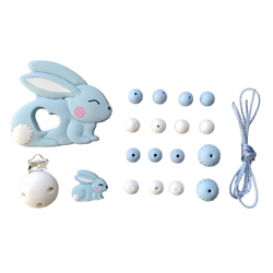 Kit pour attache-tétine et anneau de dentition lapin en silicone alimentaire - bleu pastel