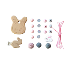 Kit pour attache-tétine et anneau de dentition lapin en bois et silicone alimentaire - rose