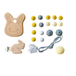 Kit pour attache-tétine et anneau de dentition lapin en bois et silicone alimentaire - moutarde/gris