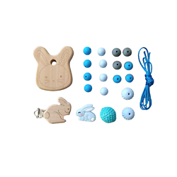 Kit pour attache-tétine et anneau de dentition lapin en bois et silicone alimentaire - bleu turquoise