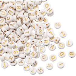 100 perles alphabet rondes en acrylique blanc/doré 6mm