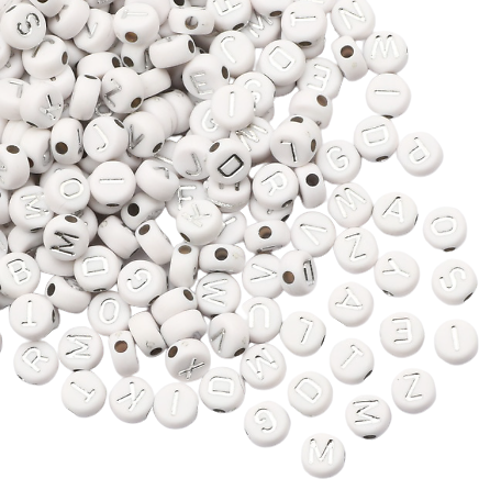 100 perles alphabet rondes en acrylique blanc/argenté 6mm