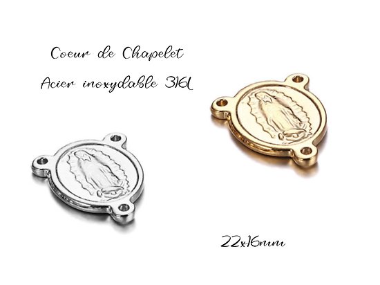Connecteur coeur de chapelet ovale Vierge de Guadeloupe en acier inoxydable 316L 22x16mm