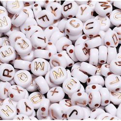 100 perles alphabet rondes en acrylique blanc/rose doré 6mm