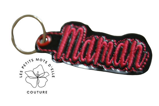 Porte-clef Maman en simili cuir noir verni et rouge