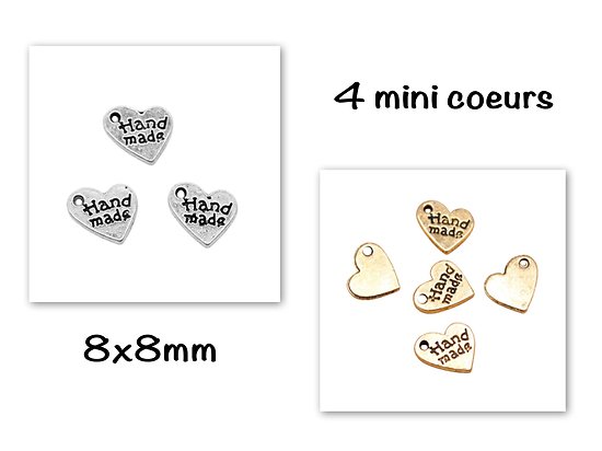 4 mini étiquettes coeur "handmade" en métal 8x8mm