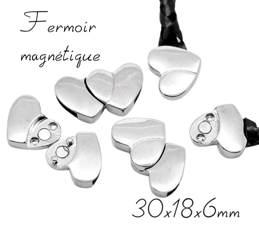 Fermoir magnétique double coeur en métal argenté pour cordon 30x18x6mm